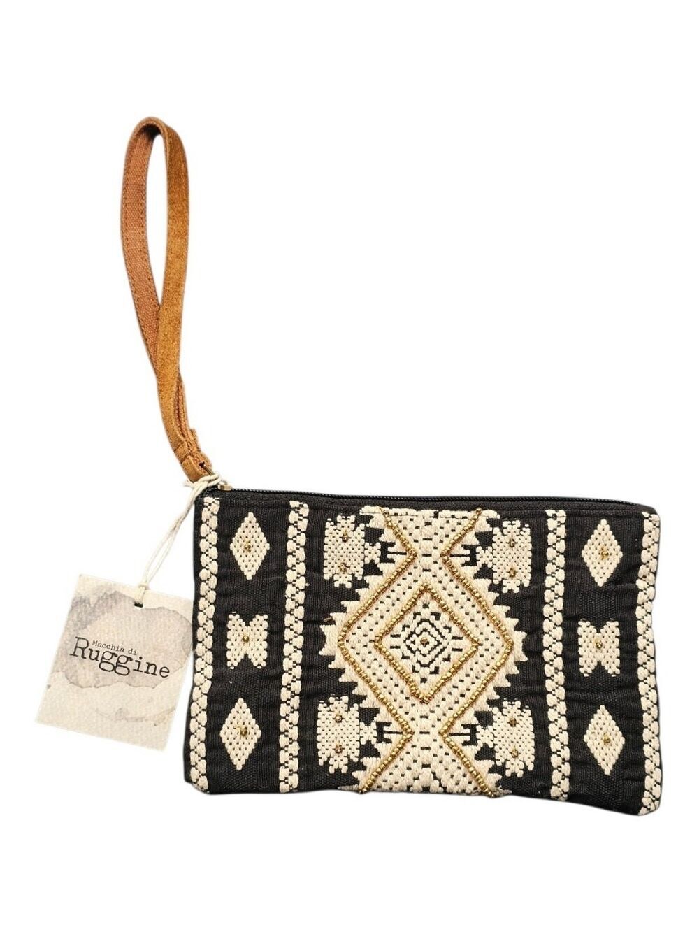 RUGGINE Beaded Boho Zippered Black And Gold Wristlet Clutch NWT
